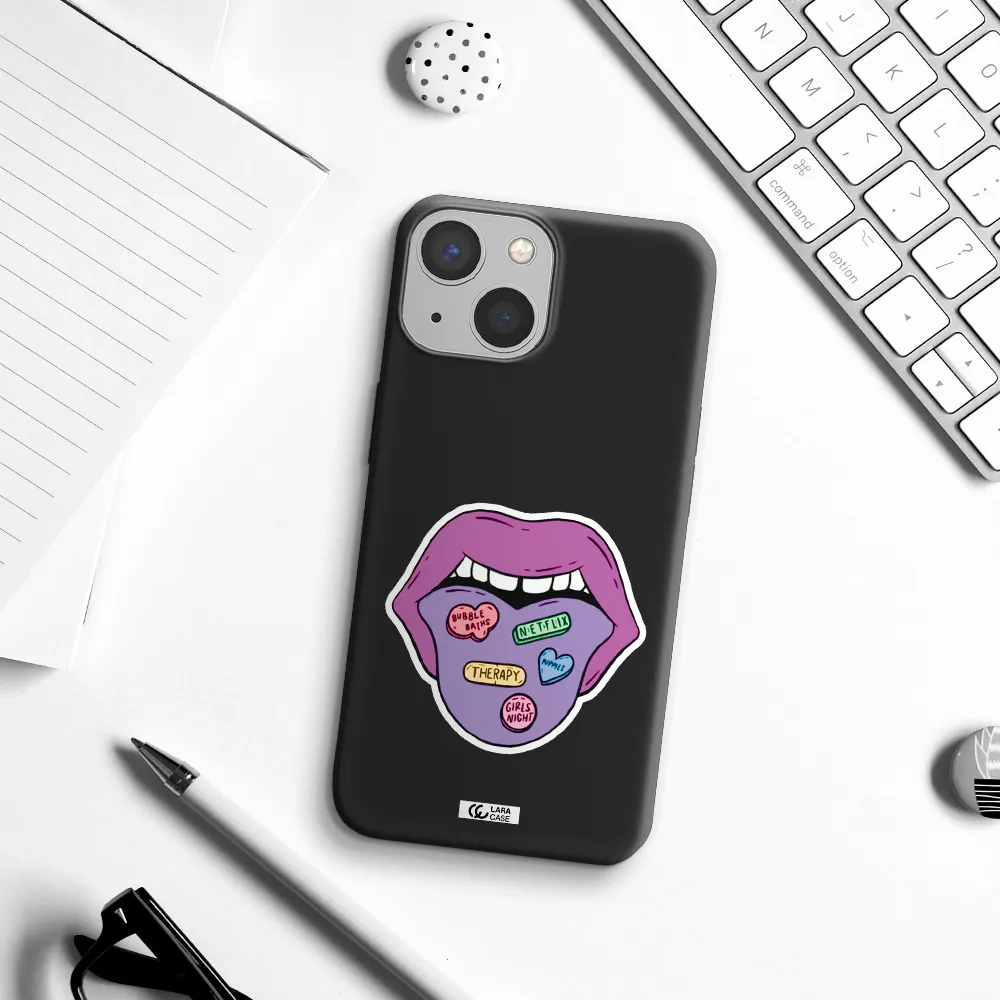 a purple lips with different colored hearts on it Apple iPhone 13 mini Silicone black Case