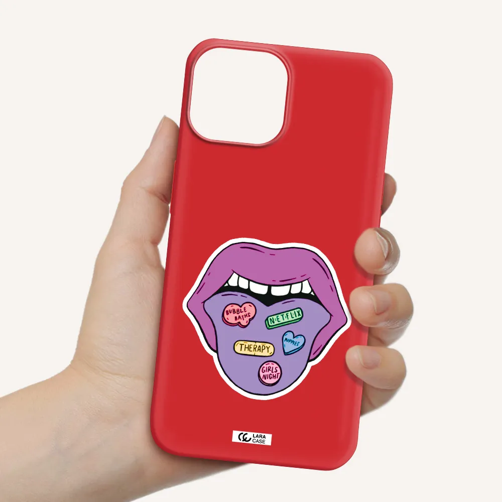 a purple lips with different colored hearts on it Apple iPhone 13 mini Silicone Imperial Red Case