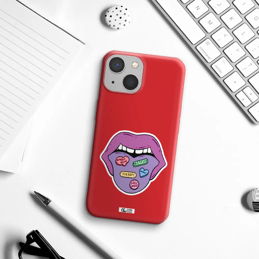 a purple lips with different colored hearts on it Apple iPhone 13 mini Silicone Imperial Red Case