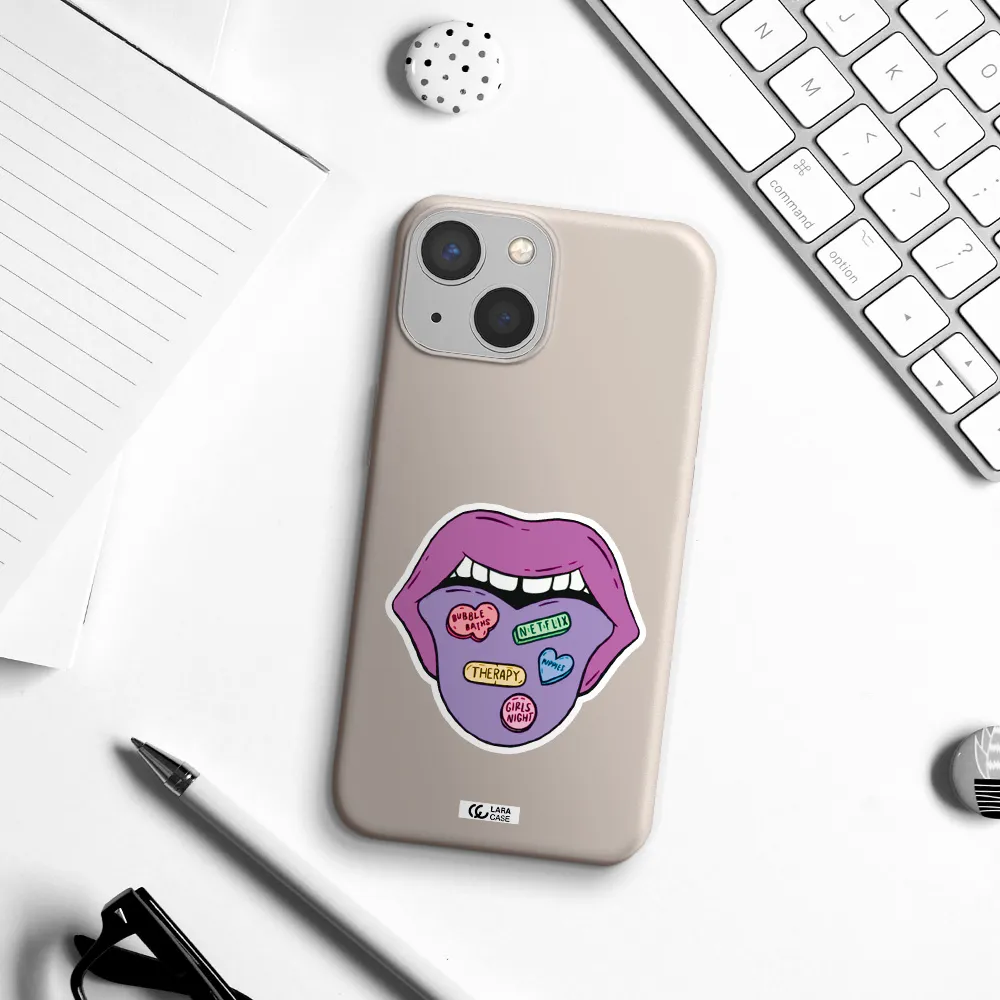 a purple lips with different colored hearts on it Apple iPhone 13 mini Silicone Stone Case
