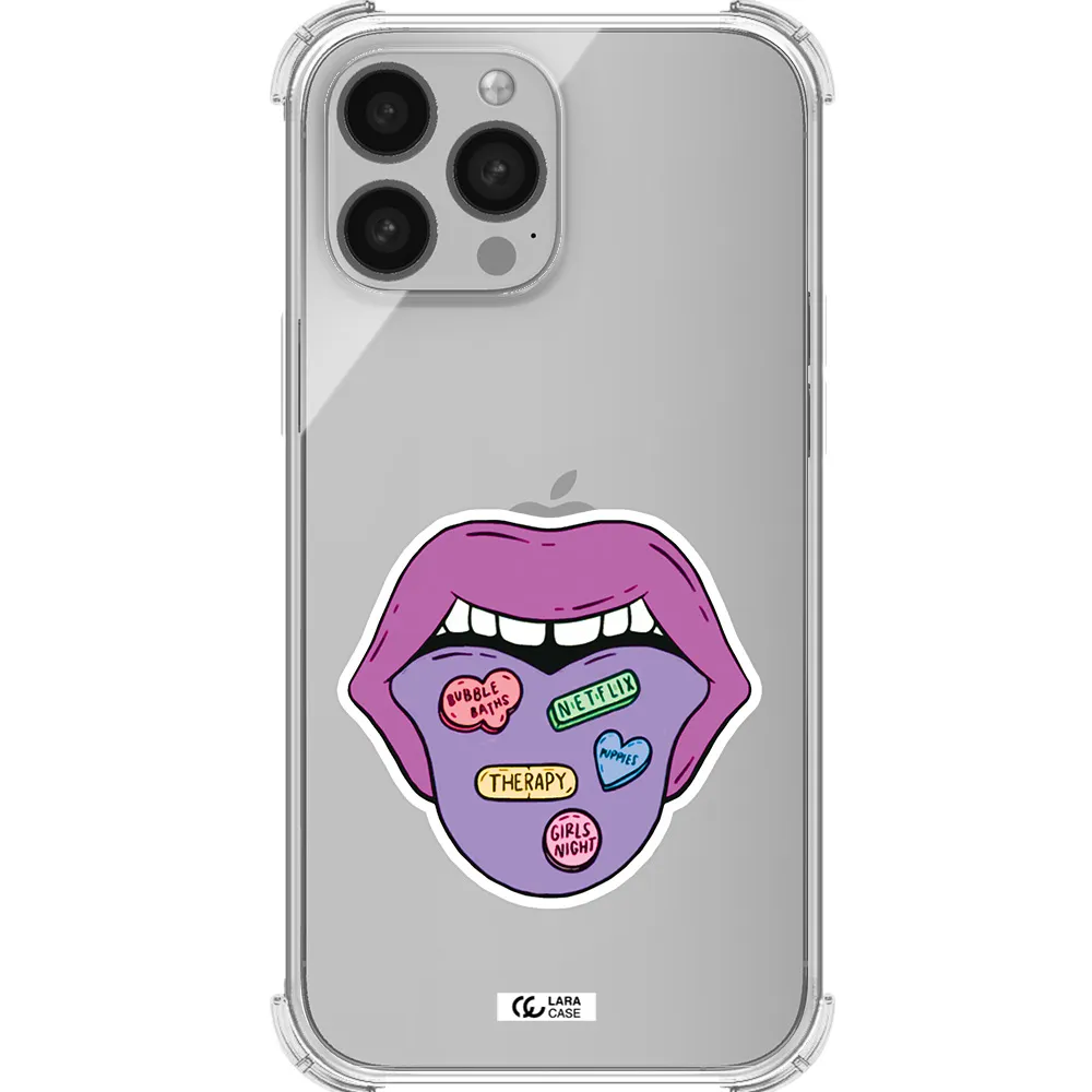 a purple lips with different colored hearts on it Apple iPhone 13 Pro Clear PC Case