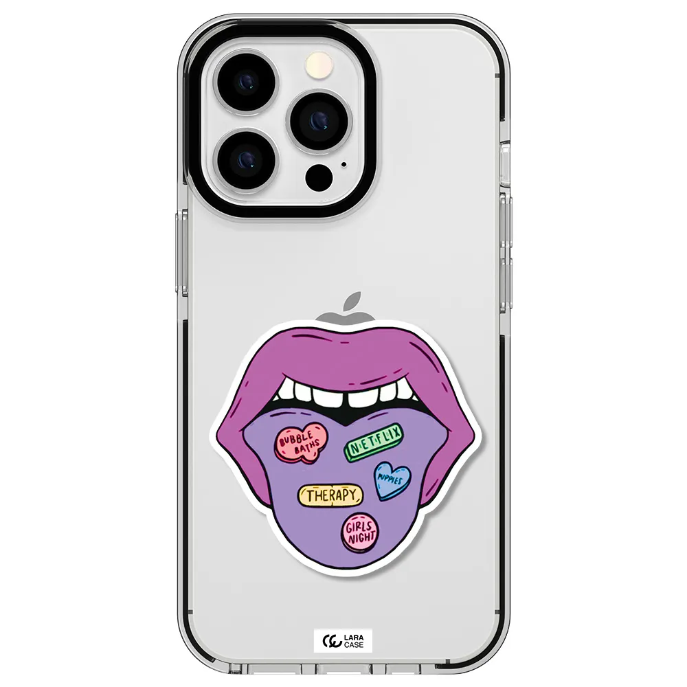 a purple lips with different colored hearts on it Apple iPhone 13 Pro impact black border Case