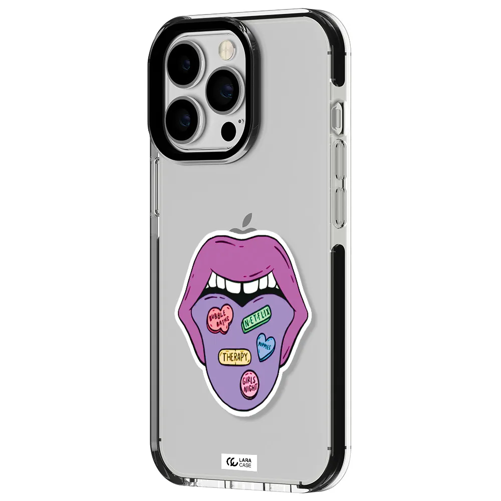 a purple lips with different colored hearts on it Apple iPhone 13 Pro impact black border Case