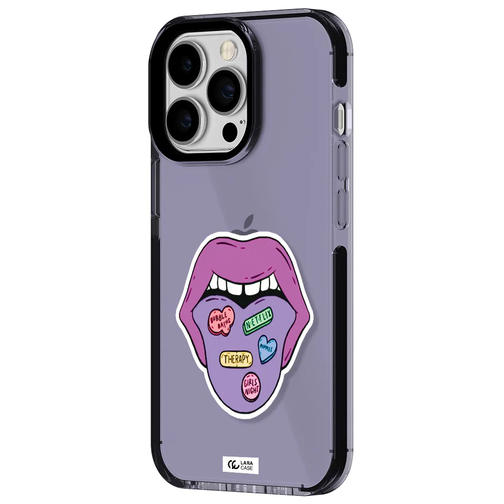 a purple lips with different colored hearts on it Apple iPhone 13 Pro impact Lilac Case