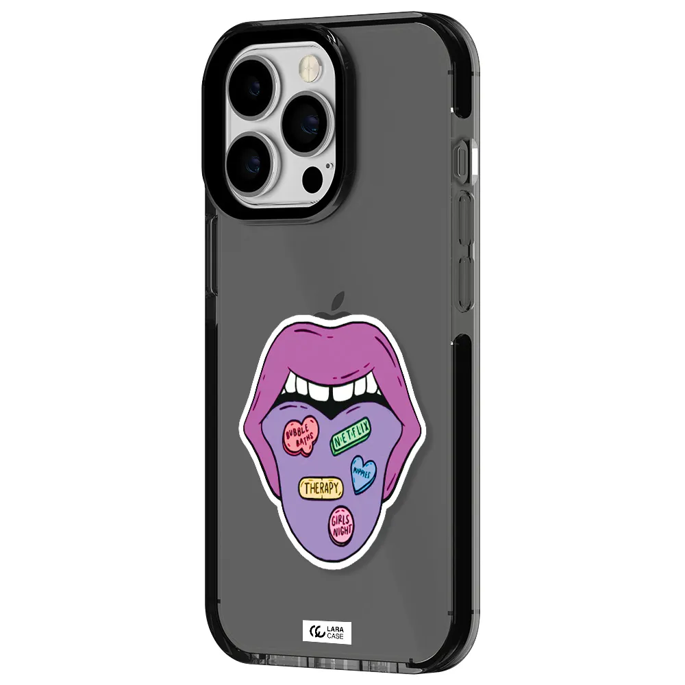 a purple lips with different colored hearts on it Apple iPhone 13 Pro impact Smoke Black Case