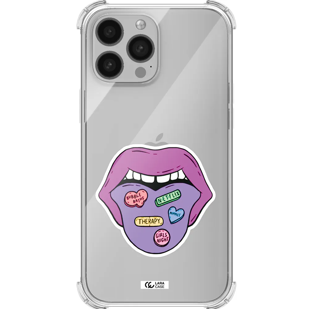 a purple lips with different colored hearts on it Apple iPhone 13 Pro Max Clear PC Case