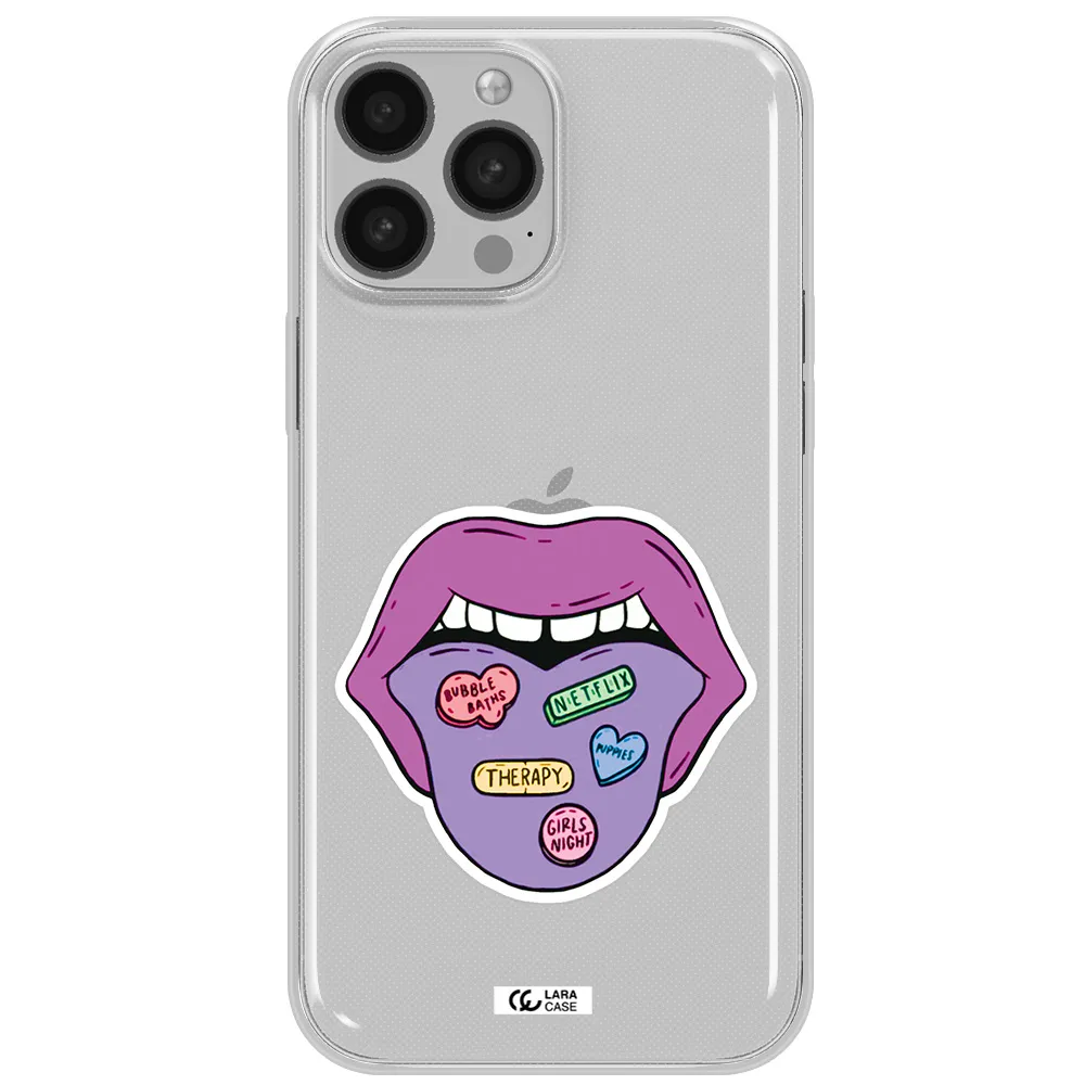 a purple lips with different colored hearts on it Apple iPhone 13 Pro Max Clear TPU Case