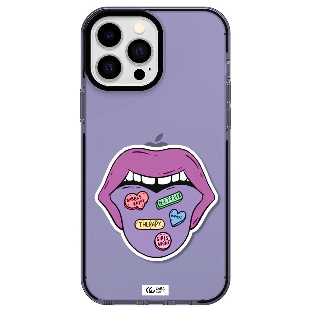 a purple lips with different colored hearts on it Apple iPhone 13 Pro Max impact Lilac Case