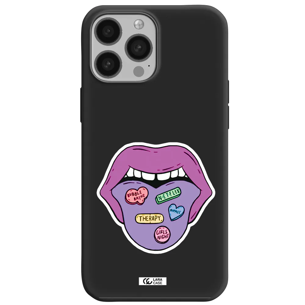 a purple lips with different colored hearts on it Apple iPhone 13 Pro Max Silicone black Case
