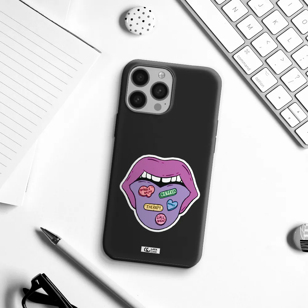 a purple lips with different colored hearts on it Apple iPhone 13 Pro Max Silicone black Case