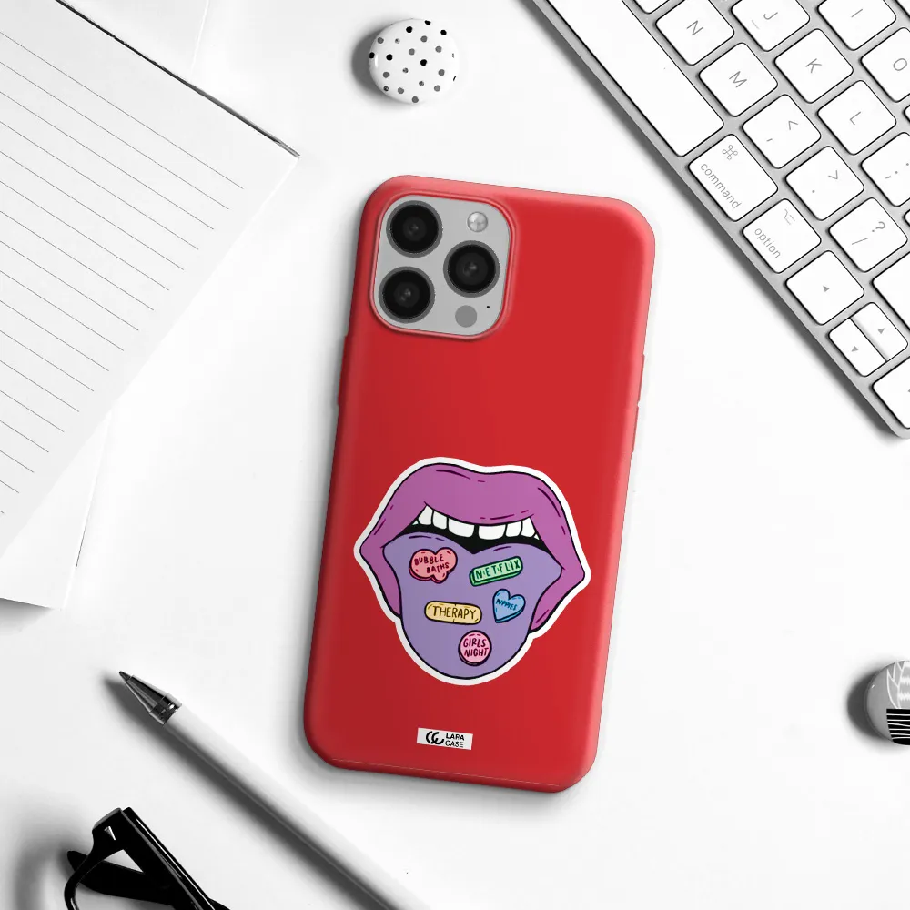 a purple lips with different colored hearts on it Apple iPhone 13 Pro Max Silicone Imperial Red Case