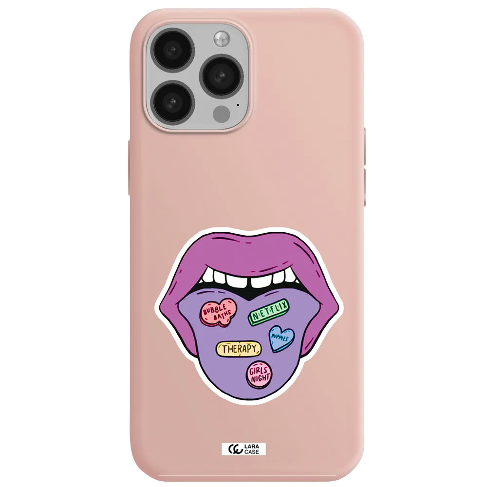 a purple lips with different colored hearts on it Apple iPhone 13 Pro Max Silicone pastel pink Case