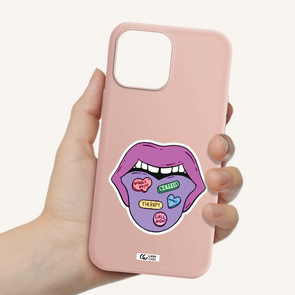 a purple lips with different colored hearts on it Apple iPhone 13 Pro Max Silicone pastel pink Case