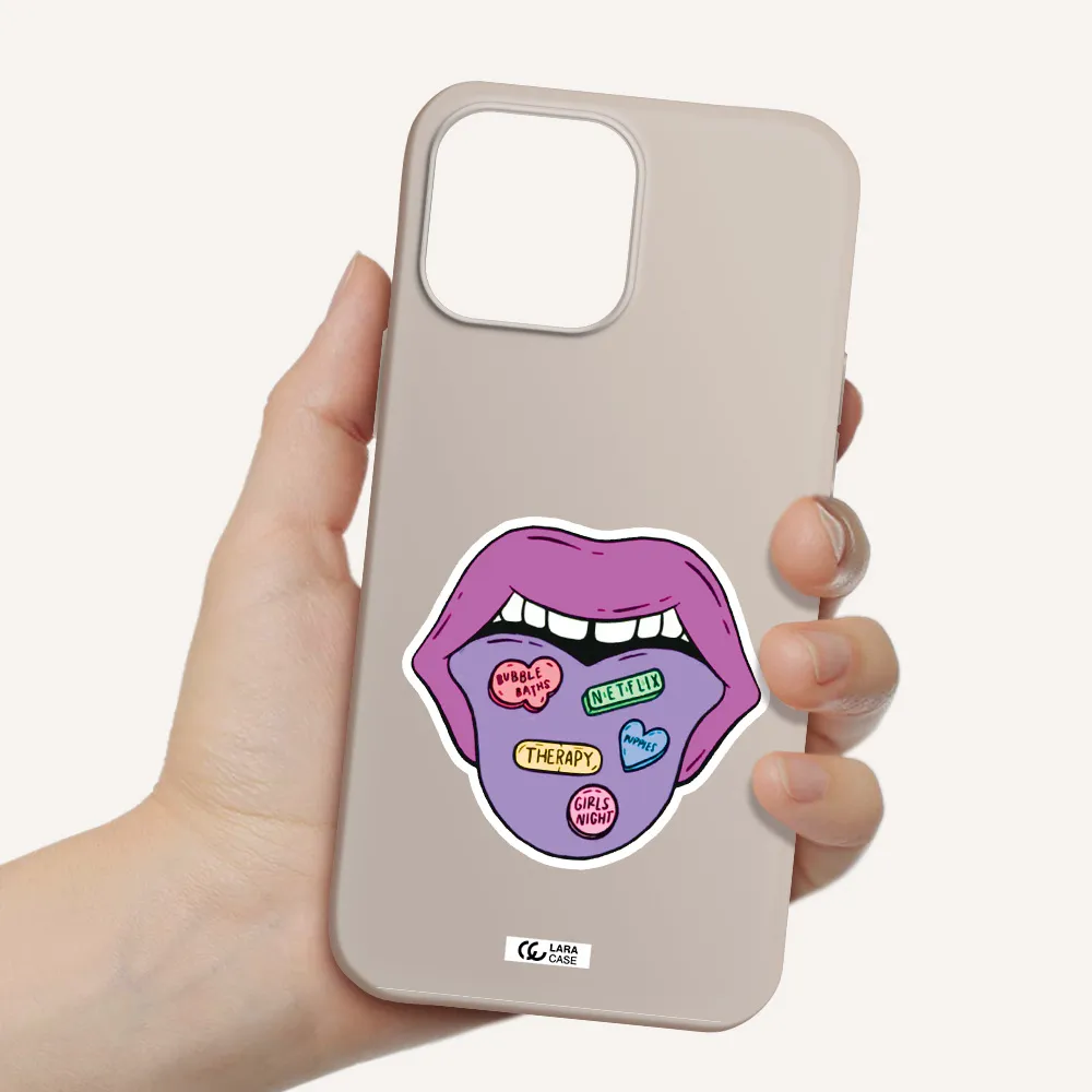 a purple lips with different colored hearts on it Apple iPhone 13 Pro Max Silicone Stone Case