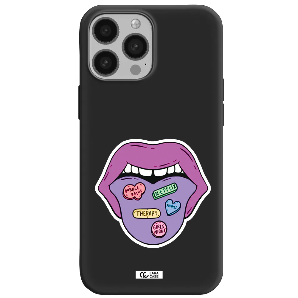 a purple lips with different colored hearts on it Apple iPhone 13 Pro Silicone black Case