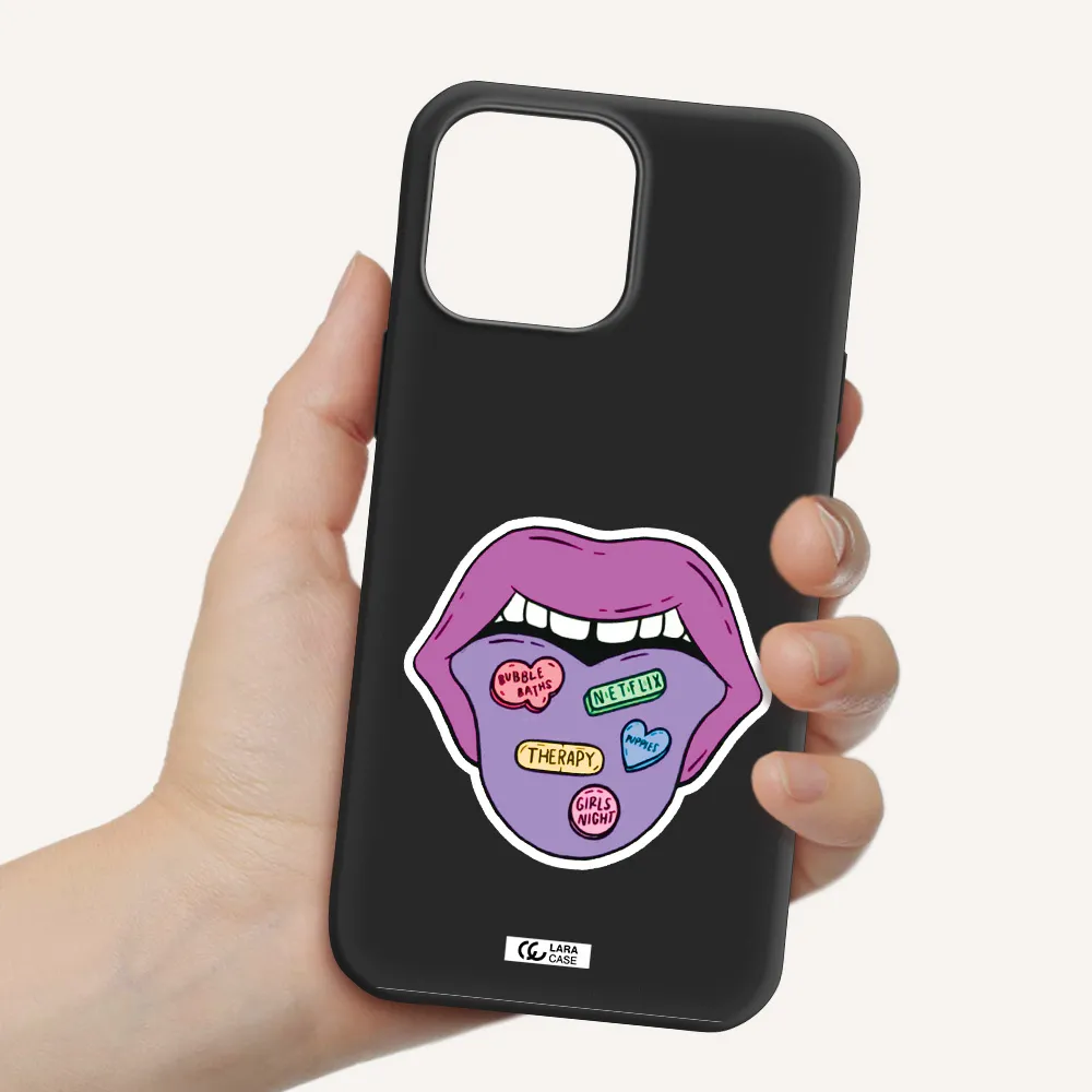 a purple lips with different colored hearts on it Apple iPhone 13 Pro Silicone black Case
