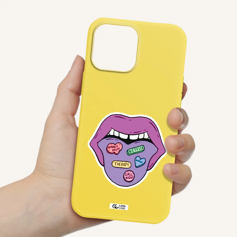 a purple lips with different colored hearts on it Apple iPhone 13 Pro Silicone canary yellow Case