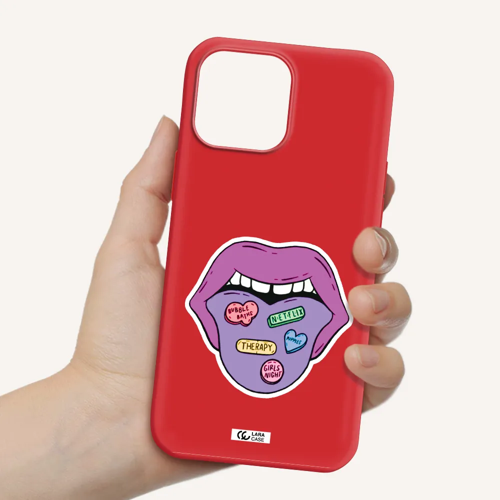 a purple lips with different colored hearts on it Apple iPhone 13 Pro Silicone Imperial Red Case