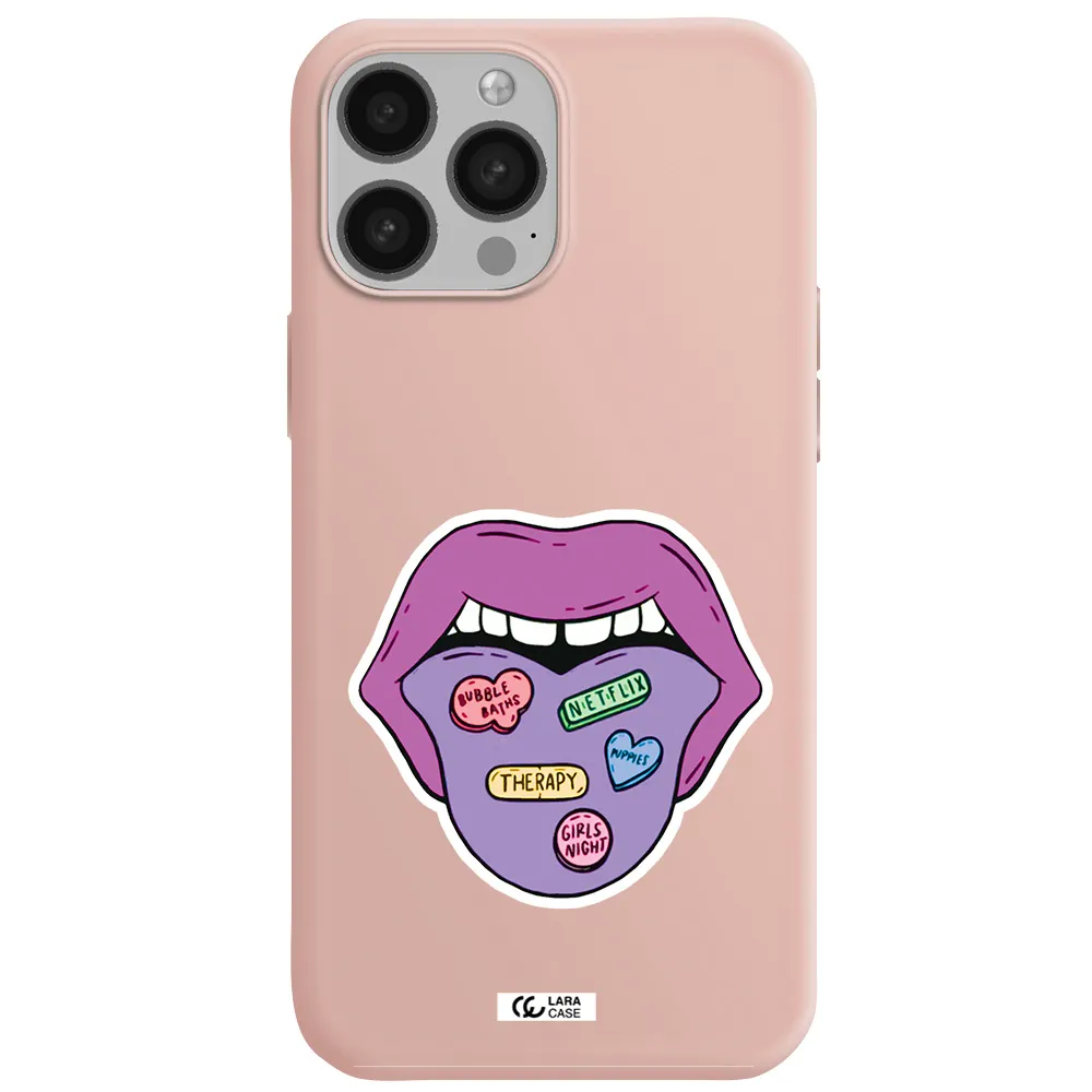 a purple lips with different colored hearts on it Apple iPhone 13 Pro Silicone pastel pink Case