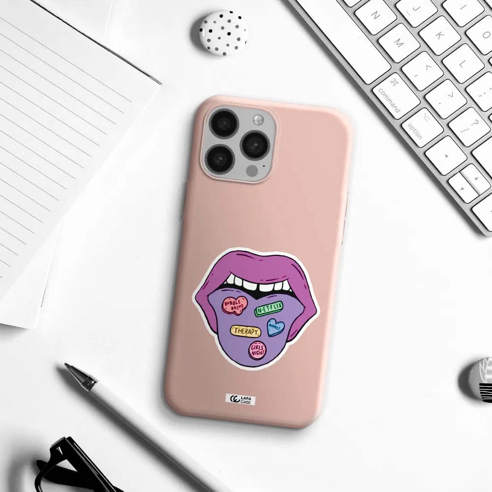 a purple lips with different colored hearts on it Apple iPhone 13 Pro Silicone pastel pink Case