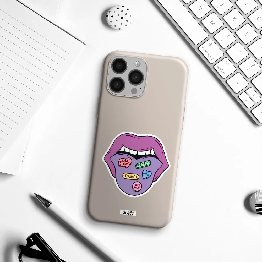 a purple lips with different colored hearts on it Apple iPhone 13 Pro Silicone Stone Case