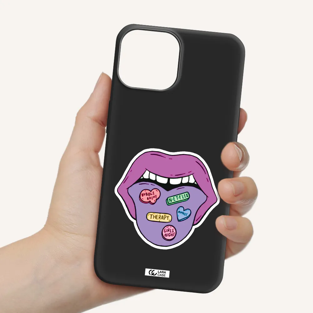 a purple lips with different colored hearts on it Apple iPhone 13 Silicone black Case