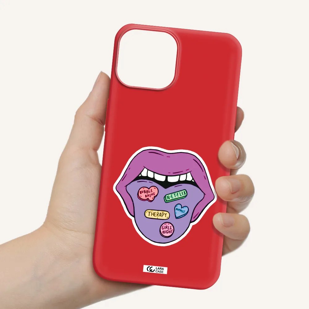 a purple lips with different colored hearts on it Apple iPhone 13 Silicone Imperial Red Case