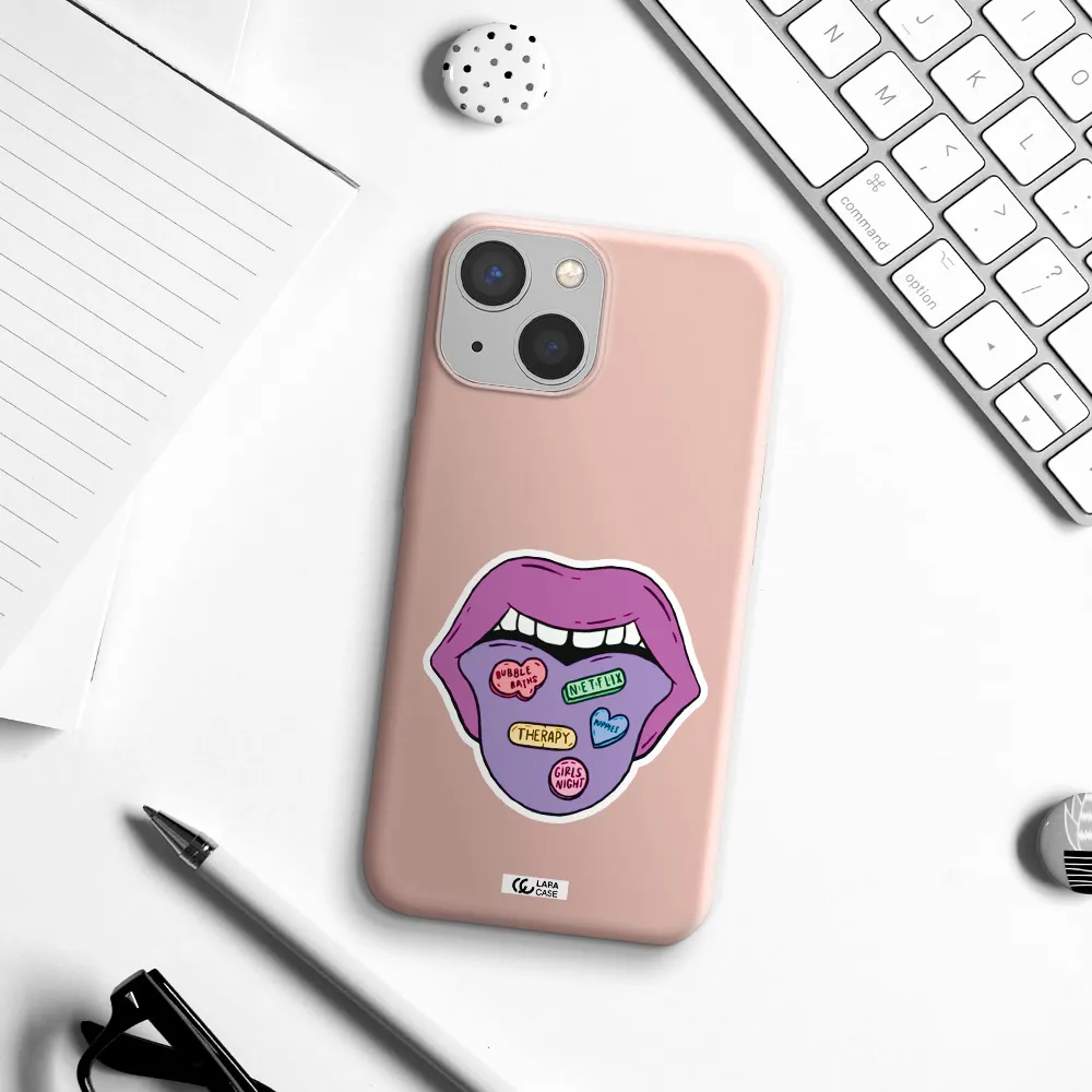 a purple lips with different colored hearts on it Apple iPhone 13 Silicone pastel pink Case