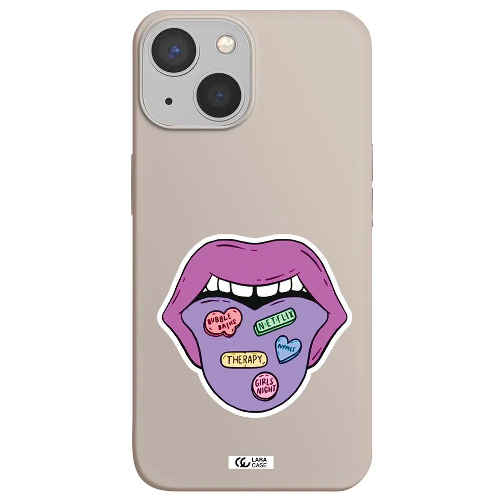 a purple lips with different colored hearts on it Apple iPhone 13 Silicone Stone Case