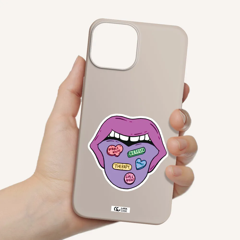 a purple lips with different colored hearts on it Apple iPhone 13 Silicone Stone Case