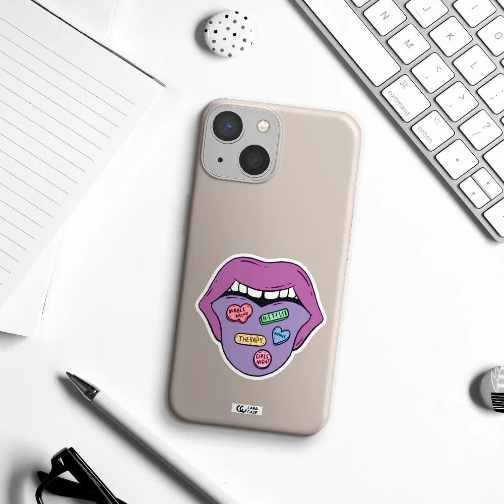 a purple lips with different colored hearts on it Apple iPhone 13 Silicone Stone Case