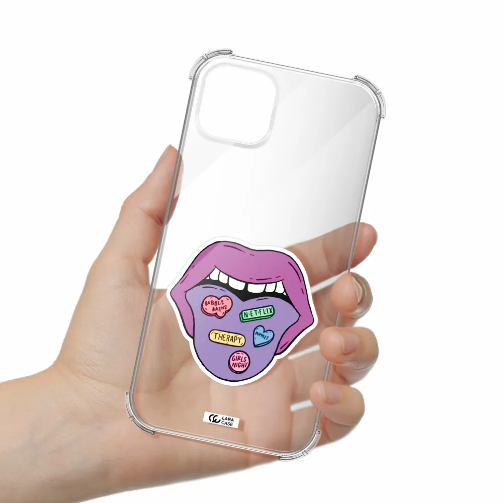 a purple lips with different colored hearts on it Apple iPhone 14 Clear PC Case