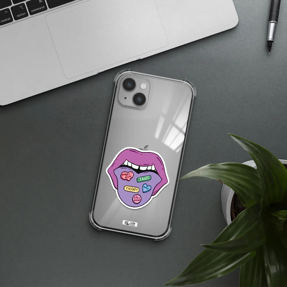 a purple lips with different colored hearts on it Apple iPhone 14 Clear PC Case
