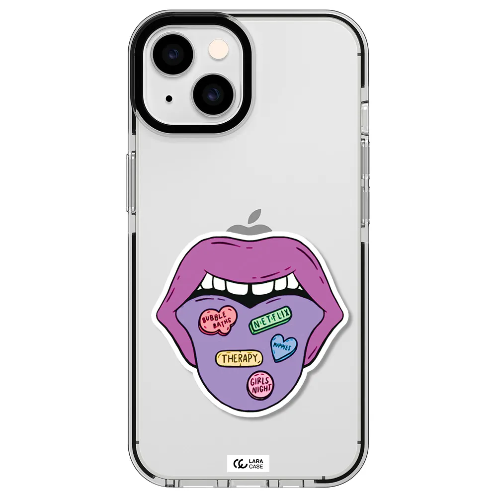 a purple lips with different colored hearts on it Apple iPhone 14 impact black border Case