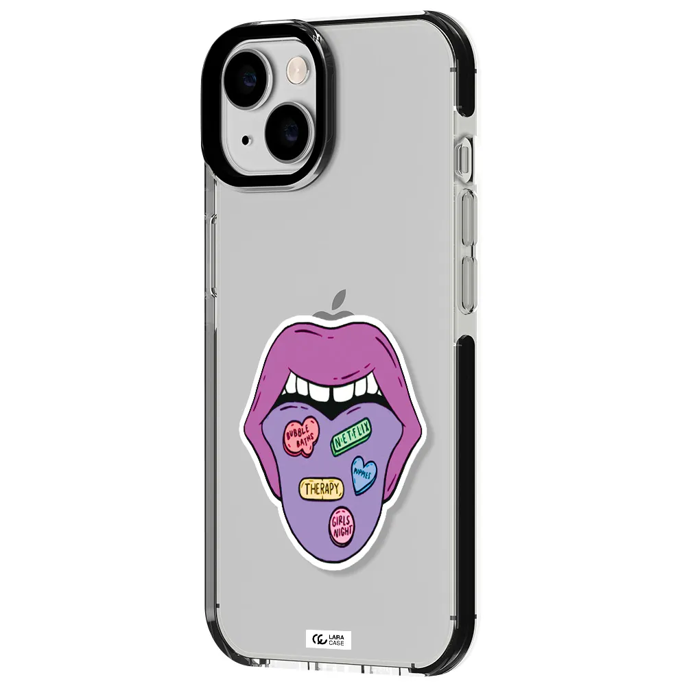 a purple lips with different colored hearts on it Apple iPhone 14 impact black border Case