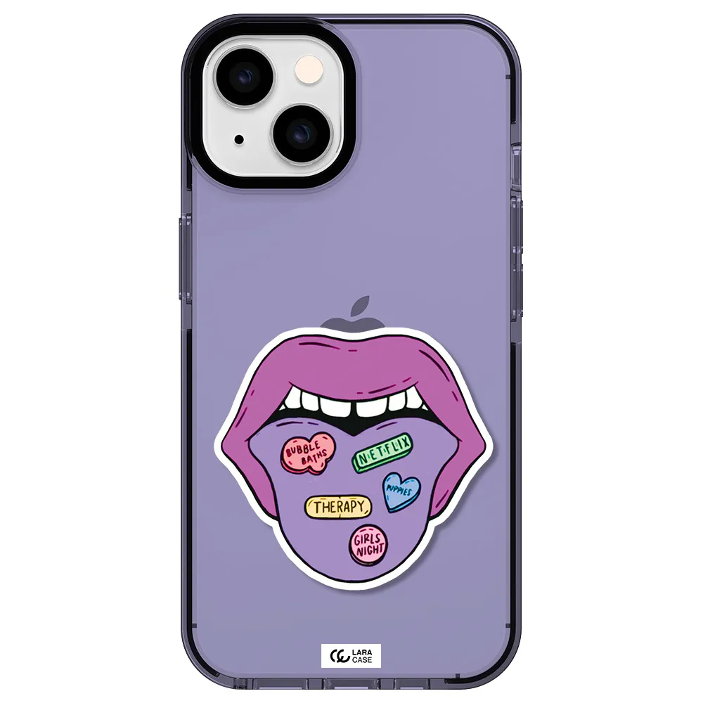 a purple lips with different colored hearts on it Apple iPhone 14 impact Lilac Case