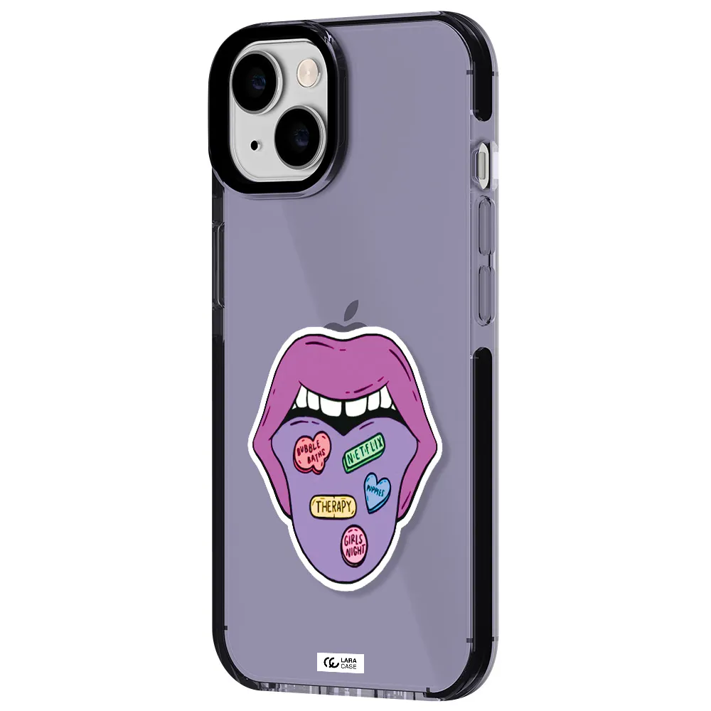 a purple lips with different colored hearts on it Apple iPhone 14 impact Lilac Case