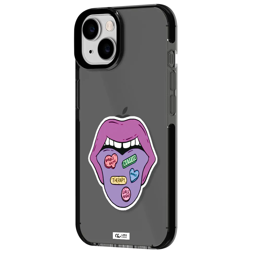 a purple lips with different colored hearts on it Apple iPhone 14 impact Smoke Black Case