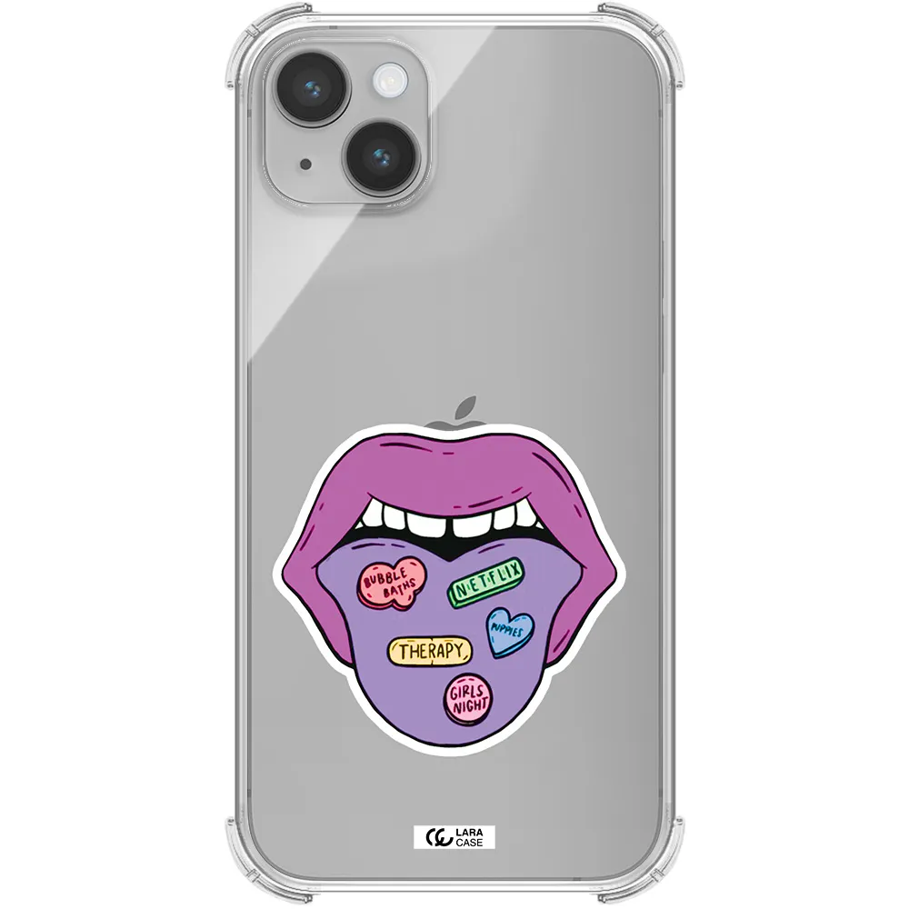 a purple lips with different colored hearts on it Apple iPhone 14 plus Clear PC Case