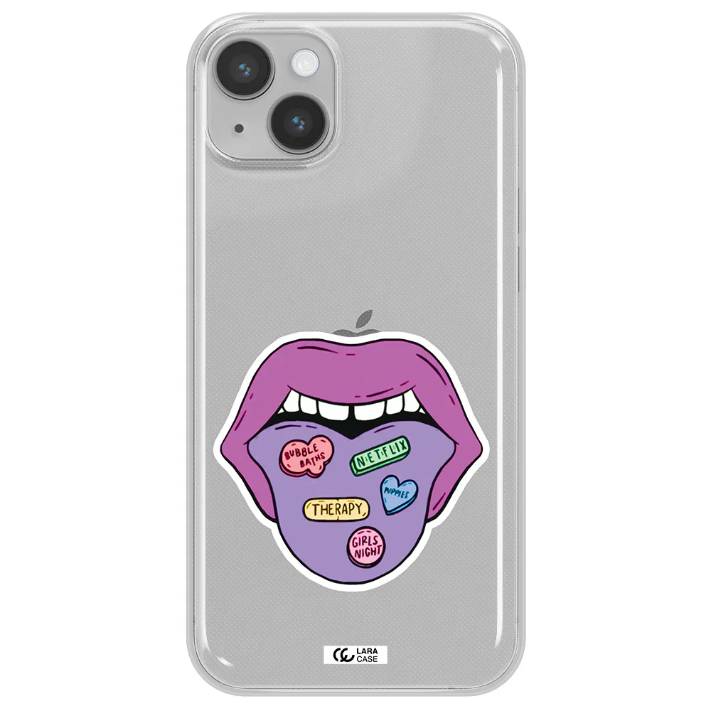 a purple lips with different colored hearts on it Apple iPhone 14 plus Clear TPU Case
