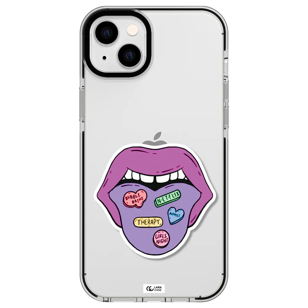 a purple lips with different colored hearts on it Apple iPhone 14 plus impact black border Case
