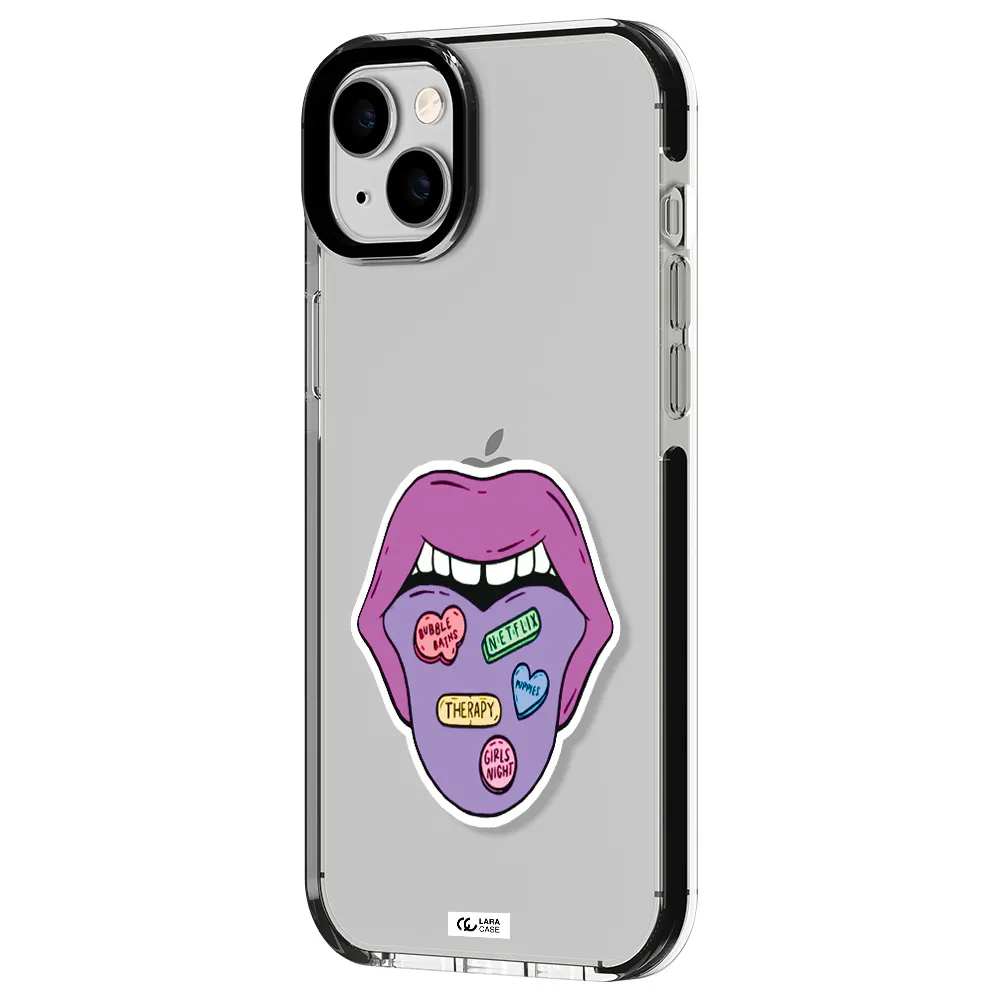 a purple lips with different colored hearts on it Apple iPhone 14 plus impact black border Case