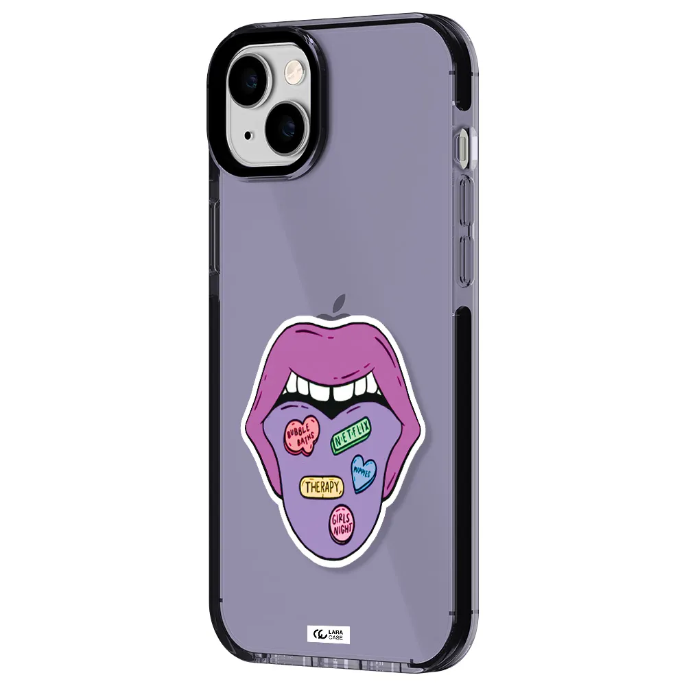 a purple lips with different colored hearts on it Apple iPhone 14 plus impact Lilac Case