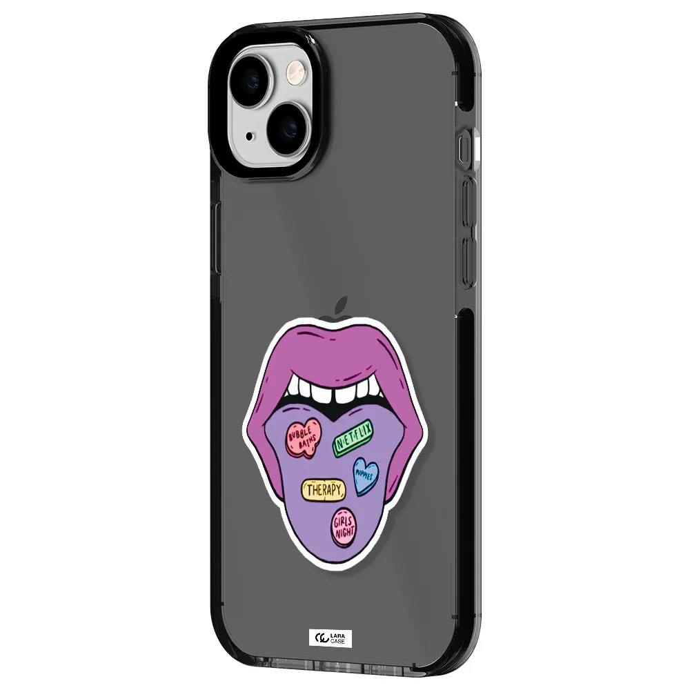 a purple lips with different colored hearts on it Apple iPhone 14 plus impact Smoke Black Case