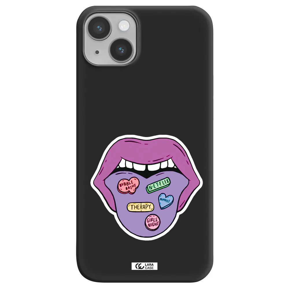 a purple lips with different colored hearts on it Apple iPhone 14 plus Silicone black Case