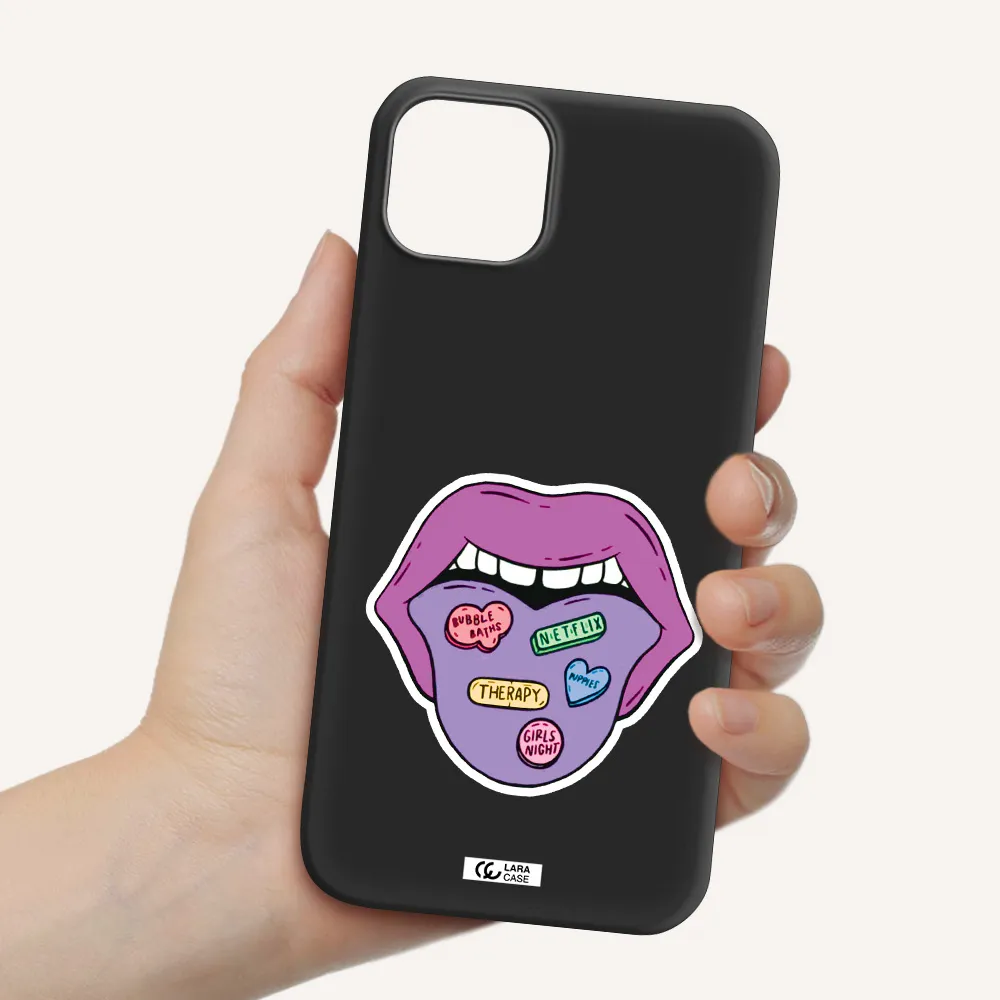a purple lips with different colored hearts on it Apple iPhone 14 plus Silicone black Case