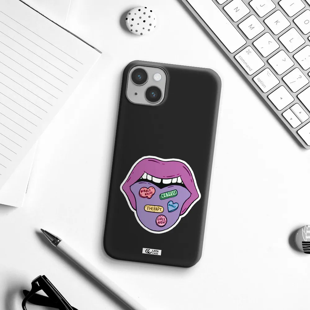 a purple lips with different colored hearts on it Apple iPhone 14 plus Silicone black Case