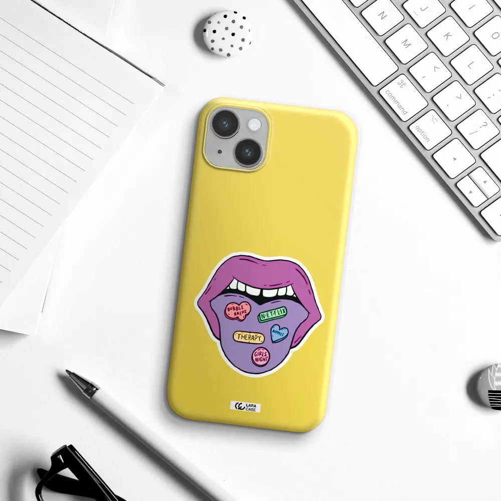 a purple lips with different colored hearts on it Apple iPhone 14 plus Silicone canary yellow Case