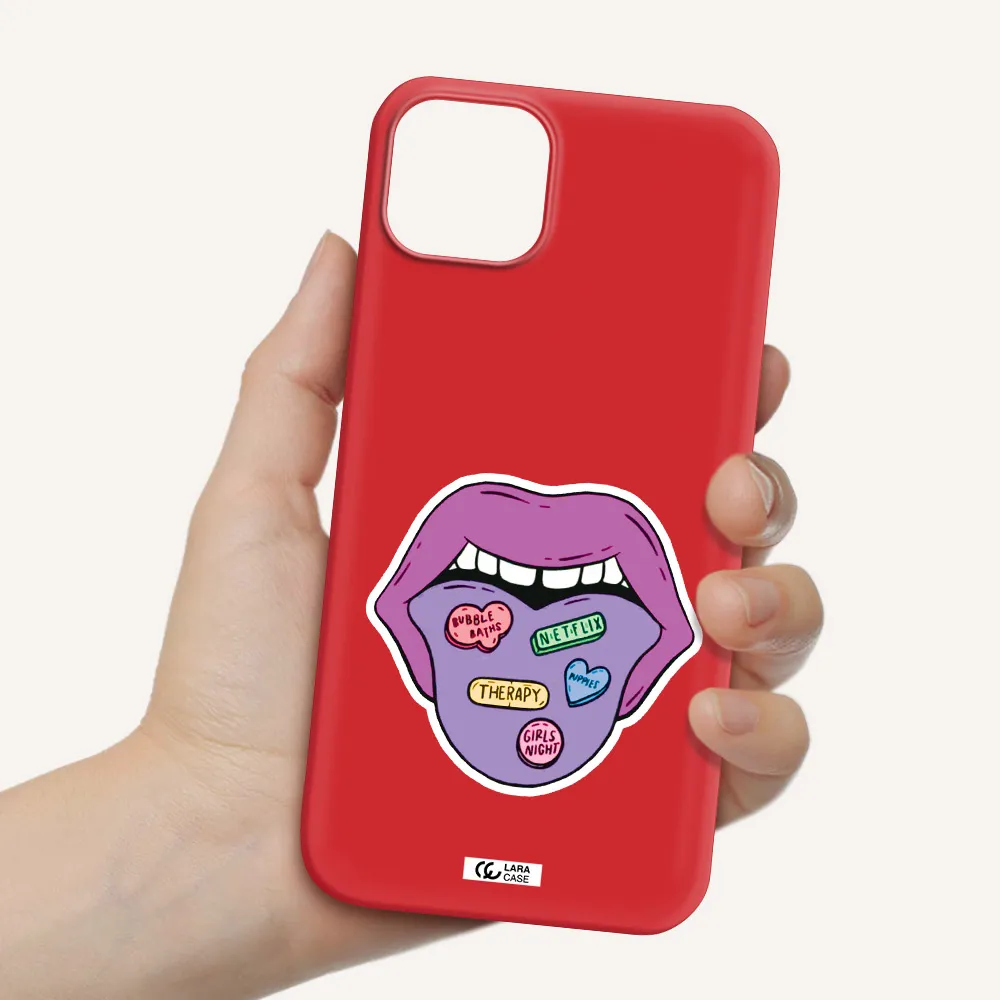 a purple lips with different colored hearts on it Apple iPhone 14 plus Silicone Imperial Red Case
