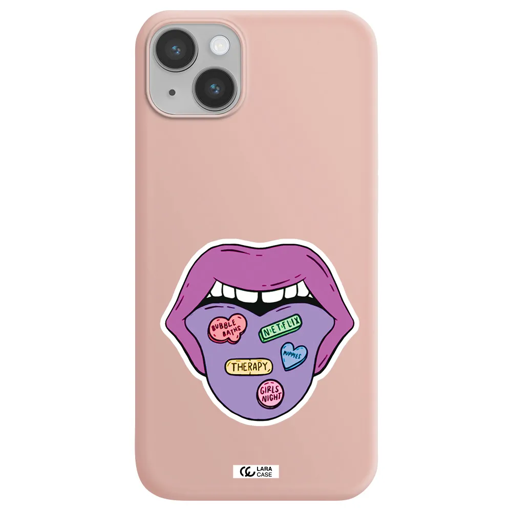 a purple lips with different colored hearts on it Apple iPhone 14 plus Silicone pastel pink Case